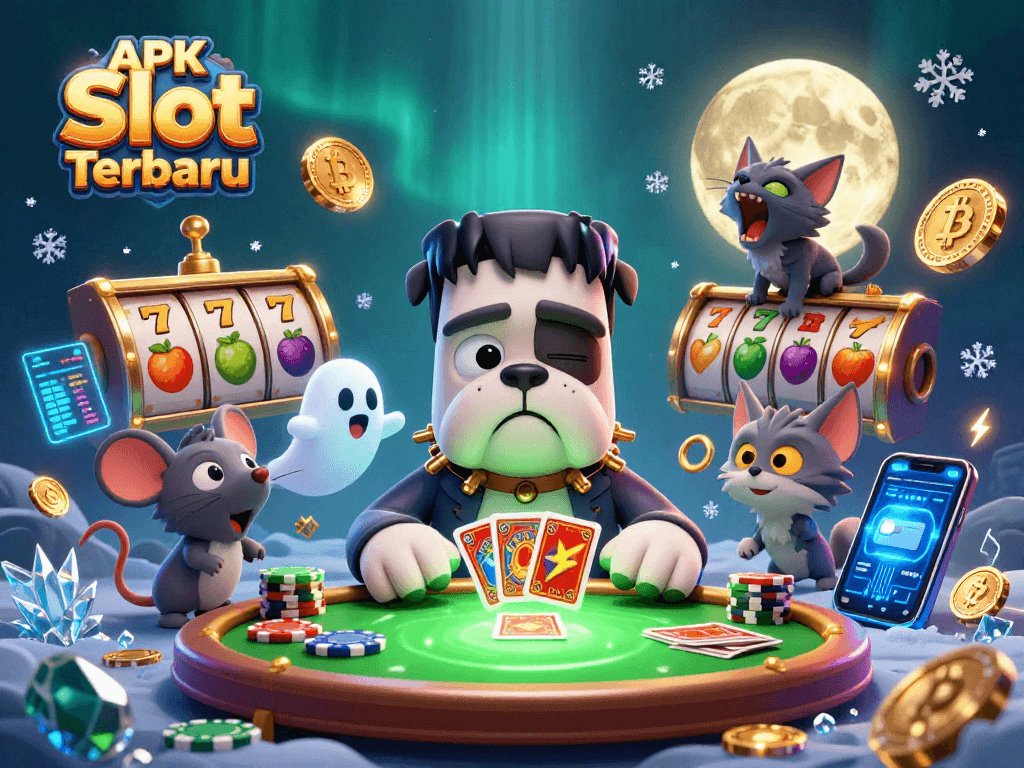 APK Slot Terbaru showcases a spooky casino scene with colorful slot symbols, cards, and crypto elements.