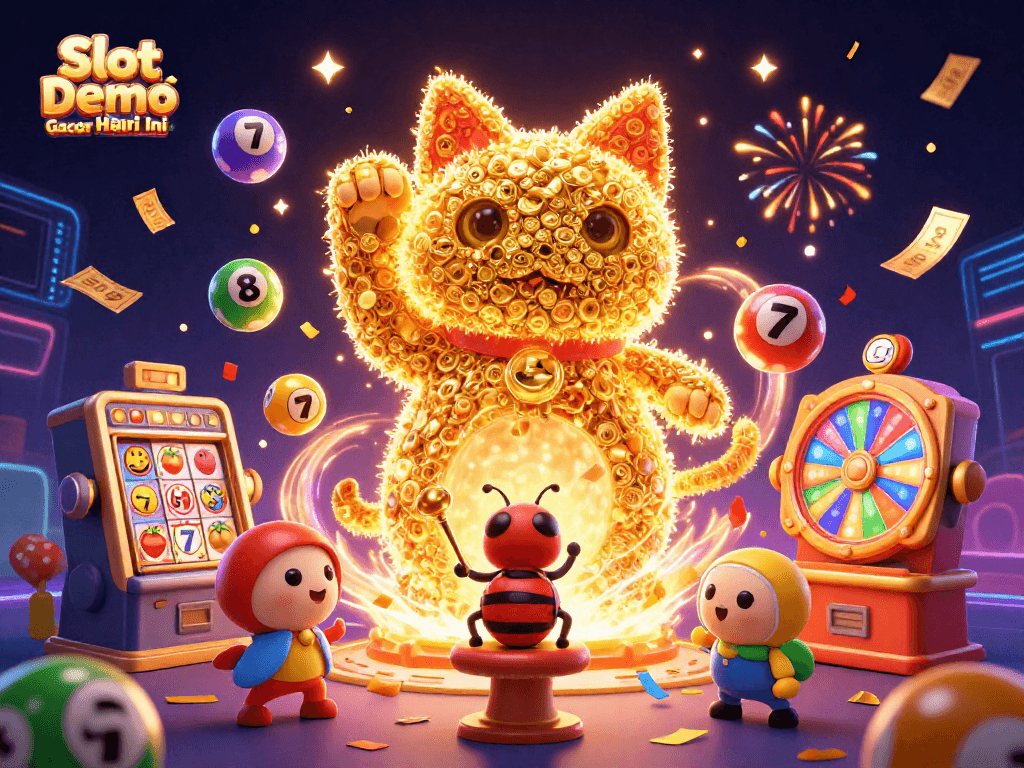 Engage with Slot Demo Gacor Hari Ini in an immersive casino scene filled with vibrant characters and energetic elements.