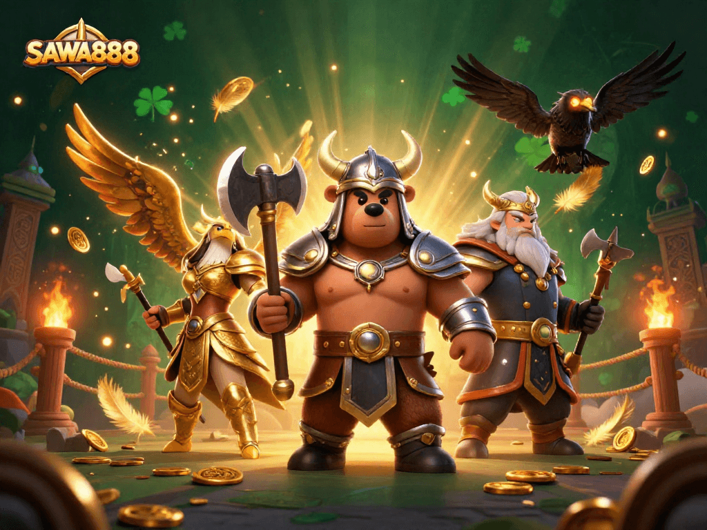 SAWA888 engaging gamblers with a vibrant casino scene featuring a Viking bear and Valkyrie eagle.