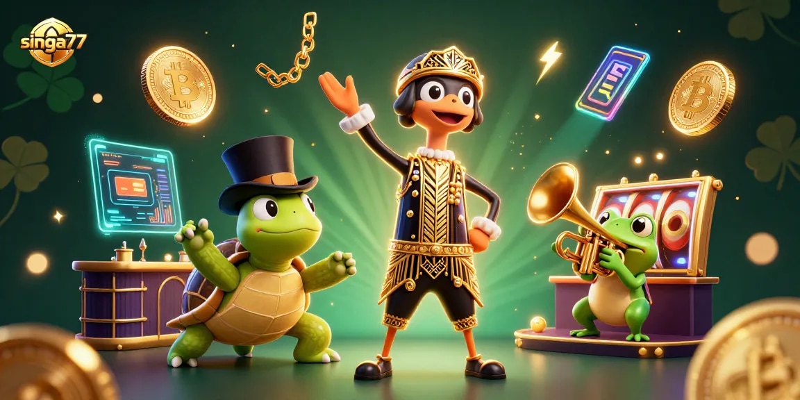 Singa77 offers thrilling casino excitement with vibrant characters at a speakeasy bar.