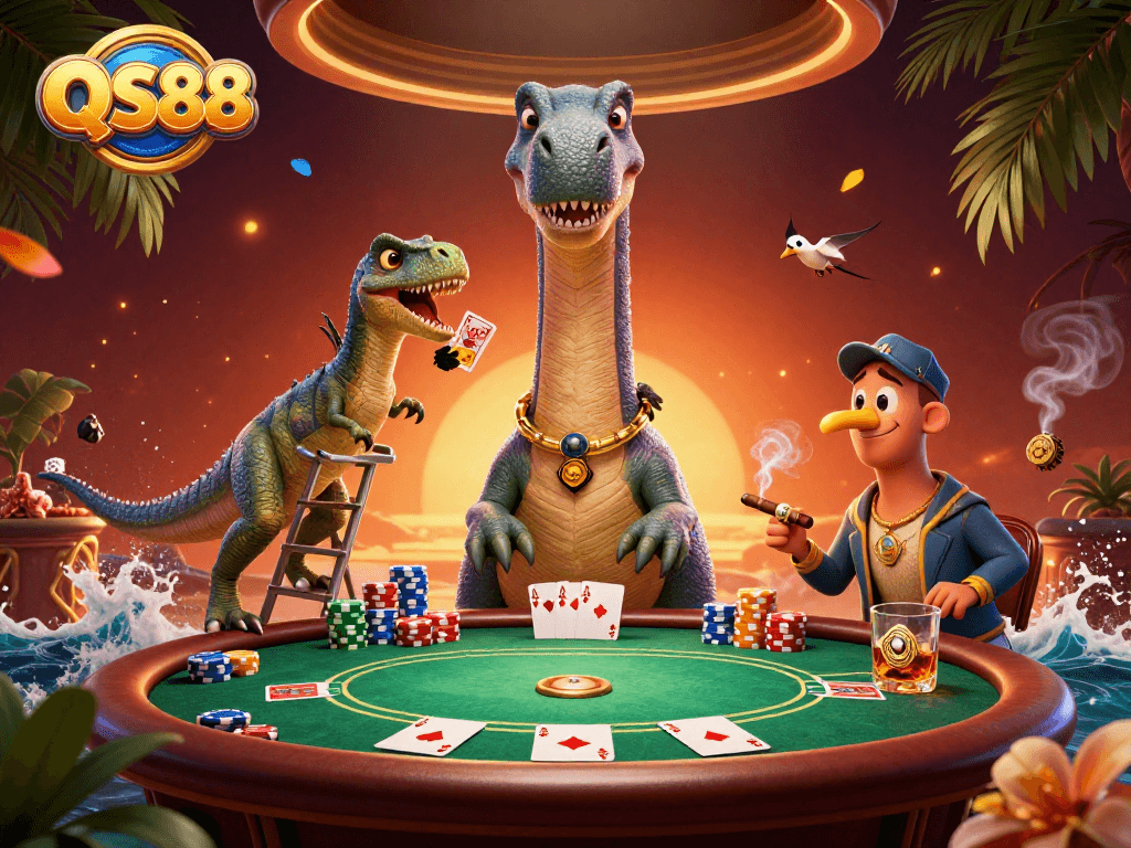 Engage with QS88 in a vibrant casino scene featuring dinosaurs dealing cards