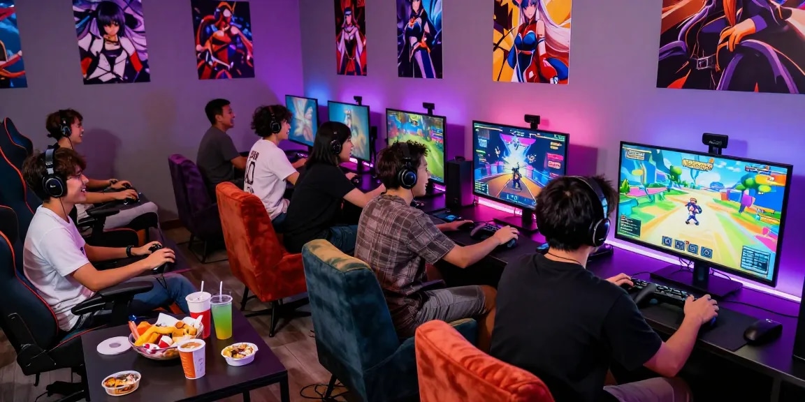 Friends enjoying hentai games in a vibrant gaming lounge with snacks and energy