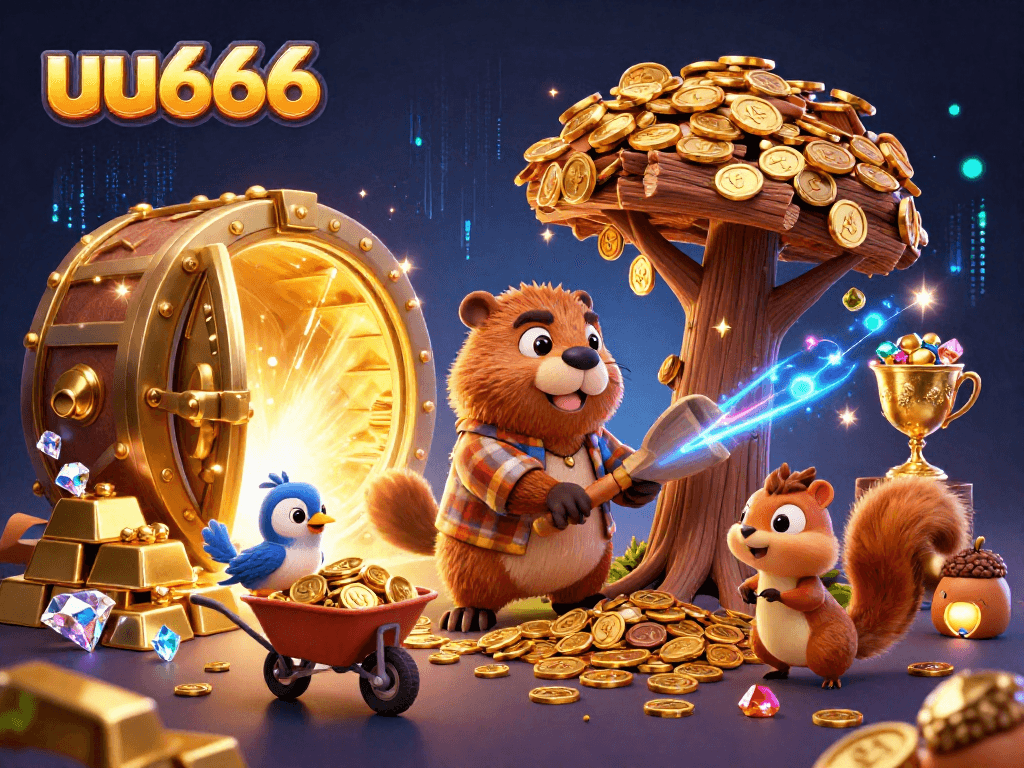 Experience uu666's exciting casino atmosphere with a beaver, bird, and squirrel joining a golden coin celebration.