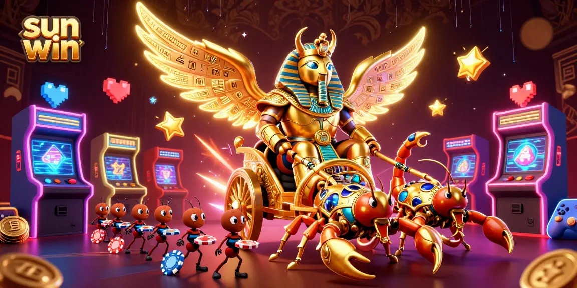 Engage in thrilling gameplay with sun win as a golden scarab beetle leads a chariot in a vibrant casino scene.