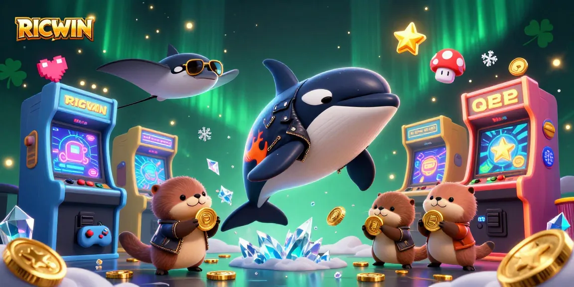 Experience the thrill of RICWIN with exciting characters in a vibrant casino arcade setting!