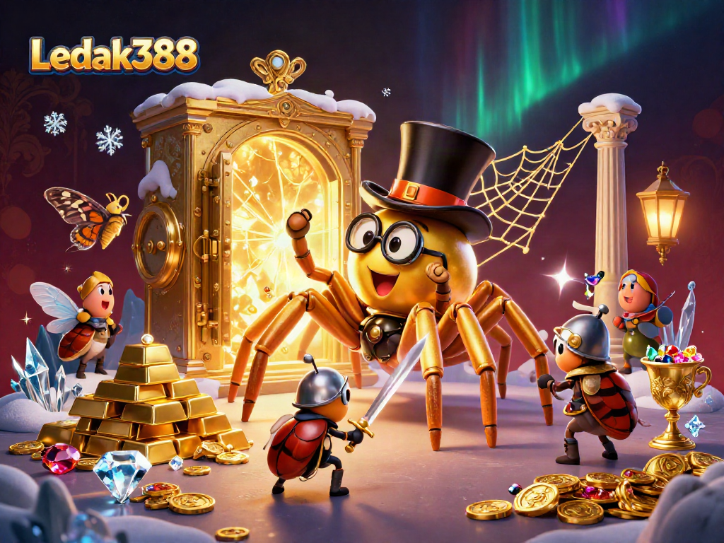 Experience the magic of Ledak388 with a cartoon scene of a golden tarantula weaving its web in a vibrant casino.