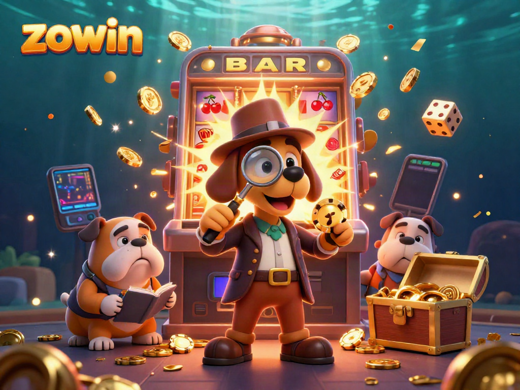 Zowin brand illustration of a detective dog and bulldog in a casino setting, finding treasure clues.