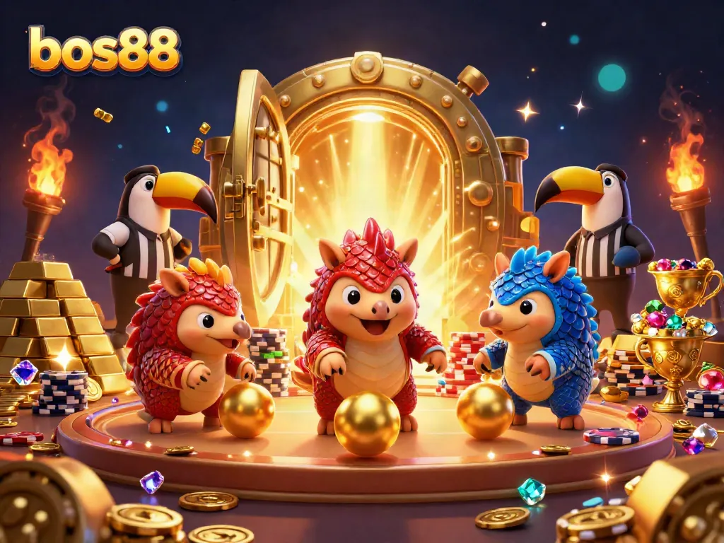 Engage with the thrilling world of bos88 as rival pangolins roll golden balls and stack poker chips in an epic casino showdown.