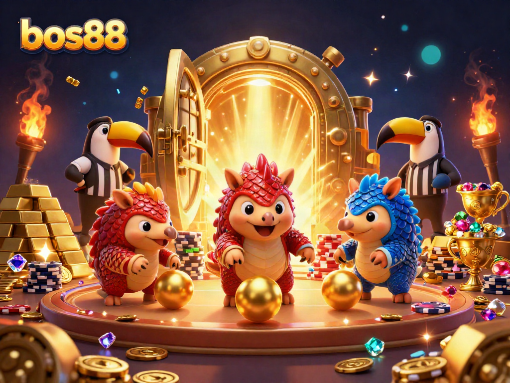 Engage with the thrilling world of bos88 as rival pangolins roll golden balls and stack poker chips in an epic casino showdown.