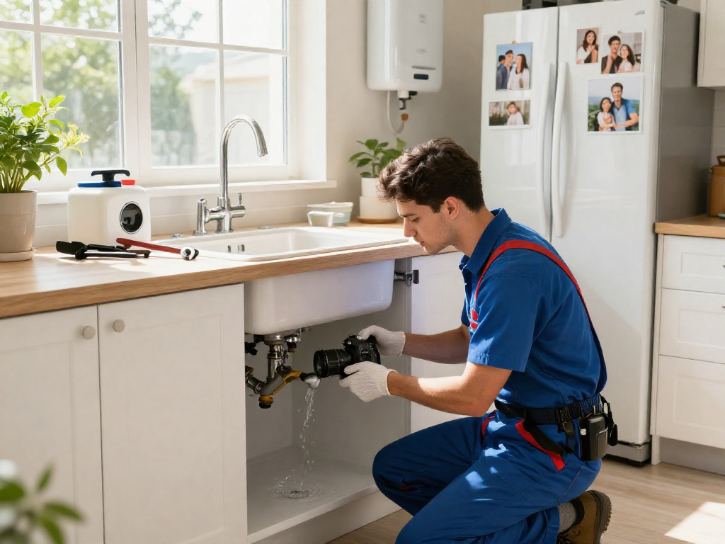 Professional plumber diagnosing plumbing repair Fort Worth needs under a bright kitchen sink.