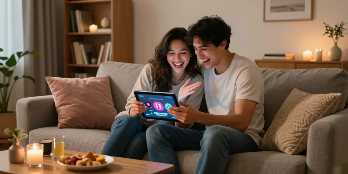 Couple enjoying an interactive game using sex ai technology in a romantic living room setting.
