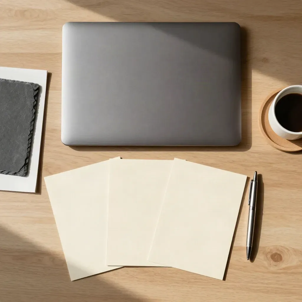 Flat lay of a copy sprint with closed laptop, blank cards, pen, mood chips and coffee coaster.