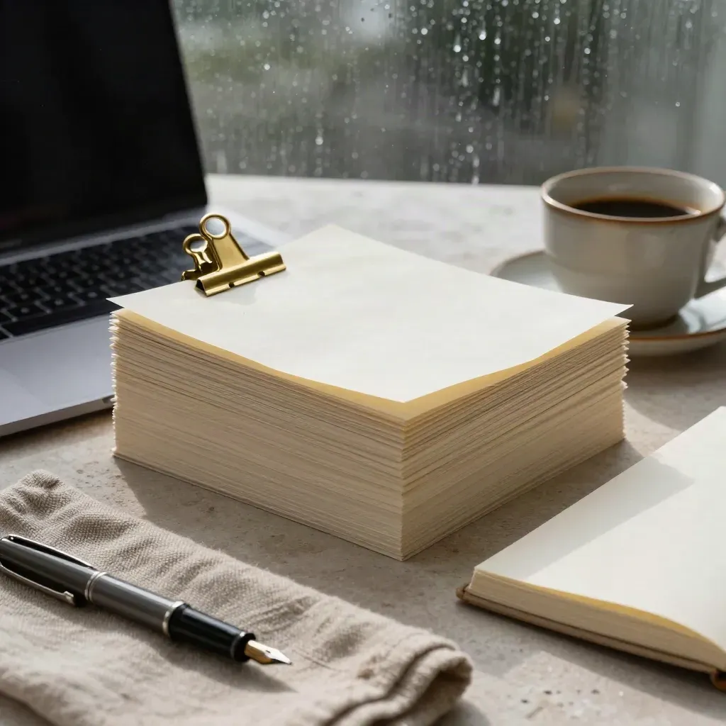 Rain-lit proof pages, laptop, notebook, pen and coffee cup on pale stone.