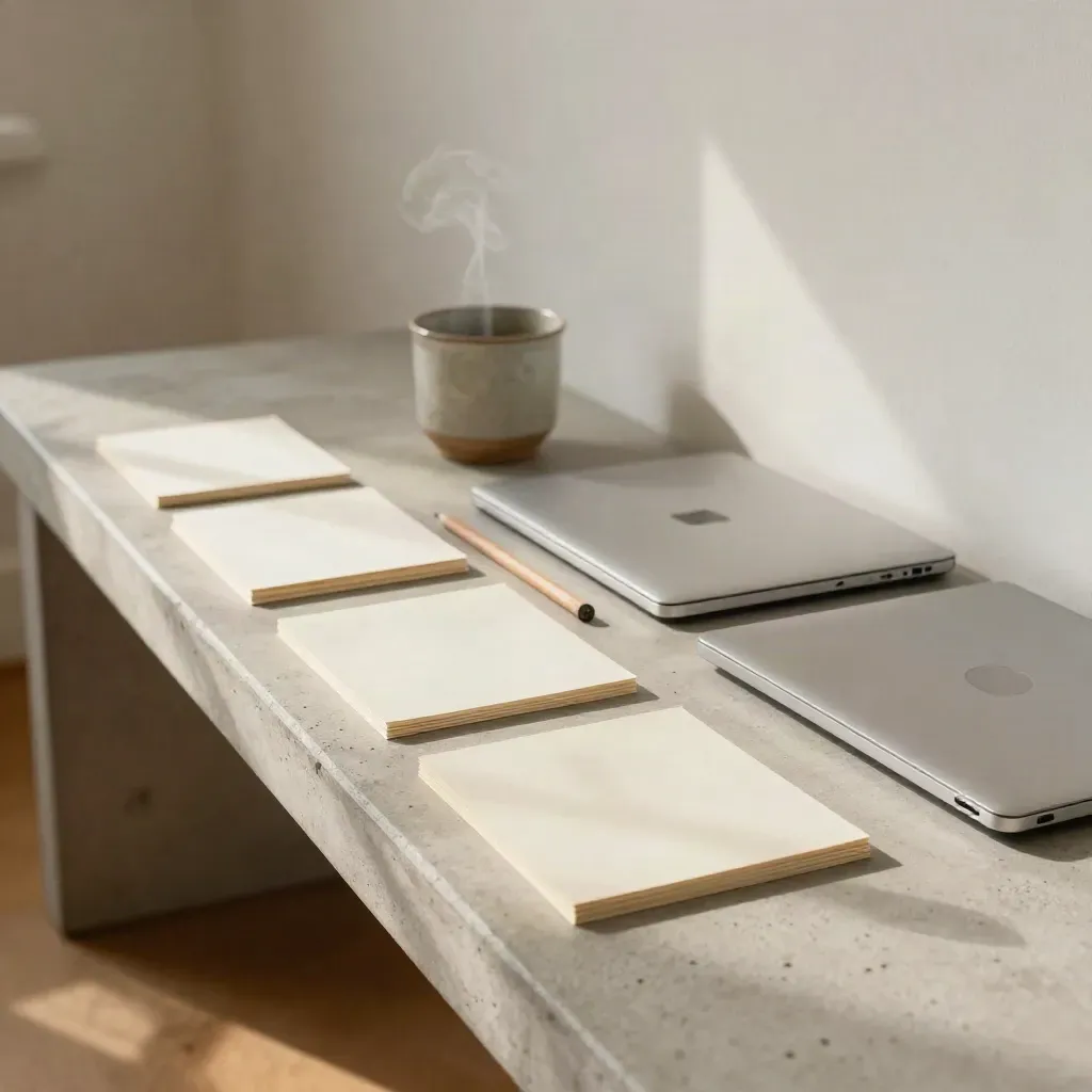 SEO planning materials arranged on a concrete bench in warm studio light.