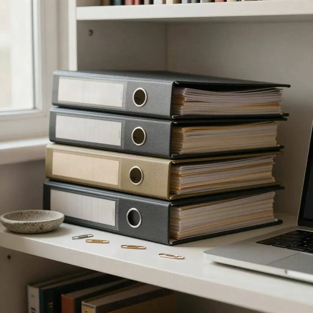 Archival binders, paper clips, stone dish, and closed laptop in a moody studio corner.