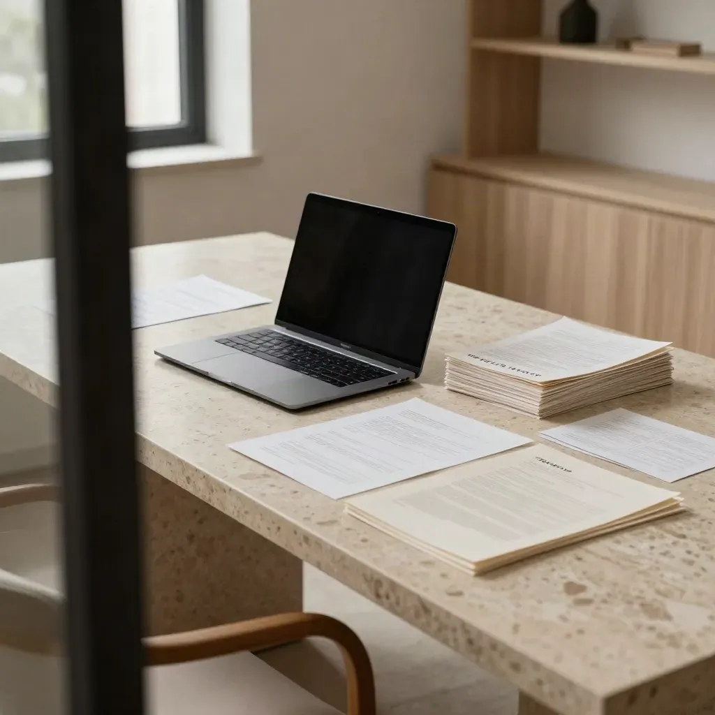 Copy studio with closed laptop, face-down proofs, and layout cards on a travertine table.