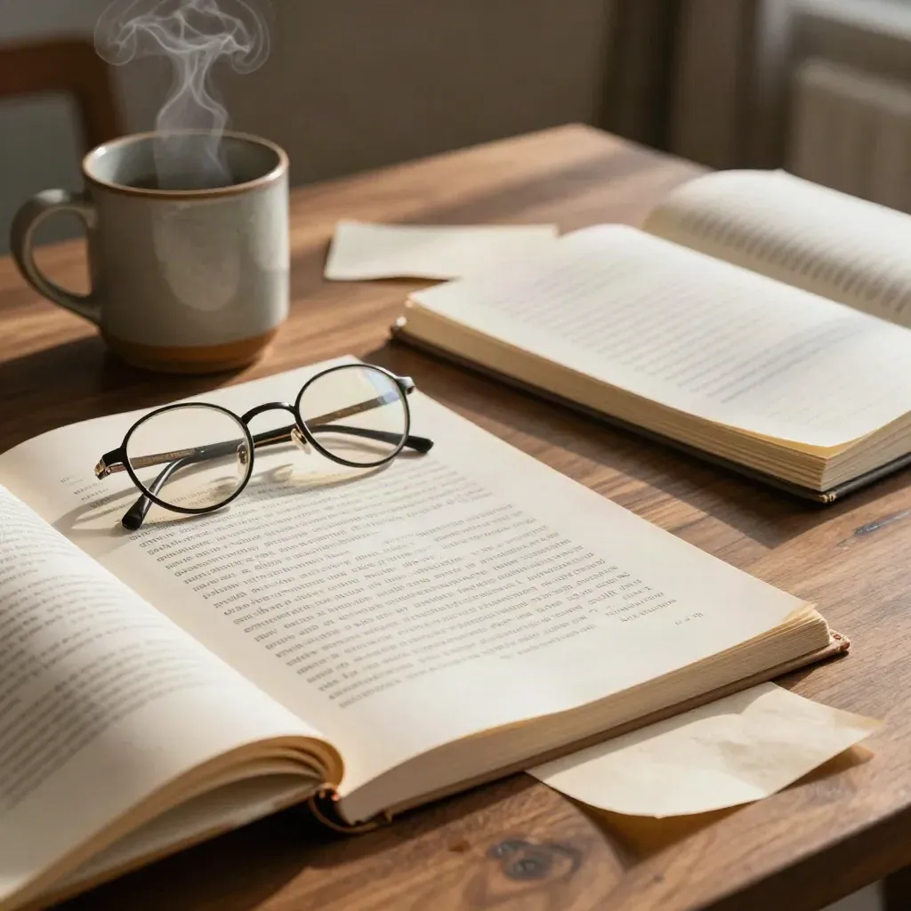 Warm ghostwriting draft on a walnut table with mug, glasses, notebook, and paper stacks in soft light.