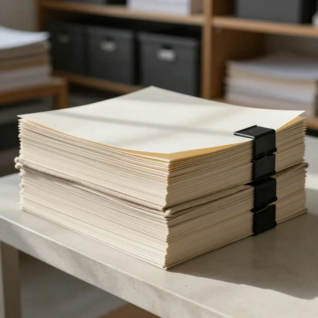 Stacked proof sheets, black clips and folded linen on a studio ledge in soft daylight.
