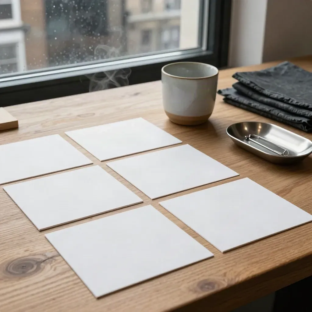 Local SEO planning cards, cup, cloth and pin tray on a rain-lit studio table.