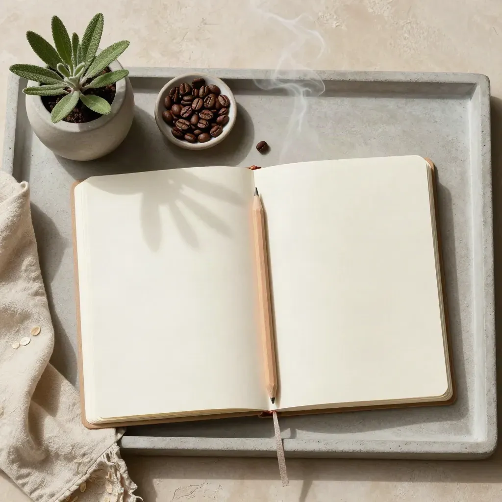 Top-down still life of notebook, pencil, coffee beans, cloth and plant on a stone tray.