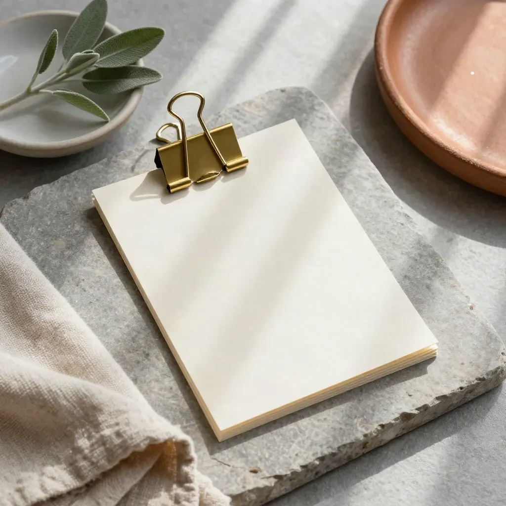 Overhead brass page clip on folded proof card with plant, linen and ceramic dish on stone.