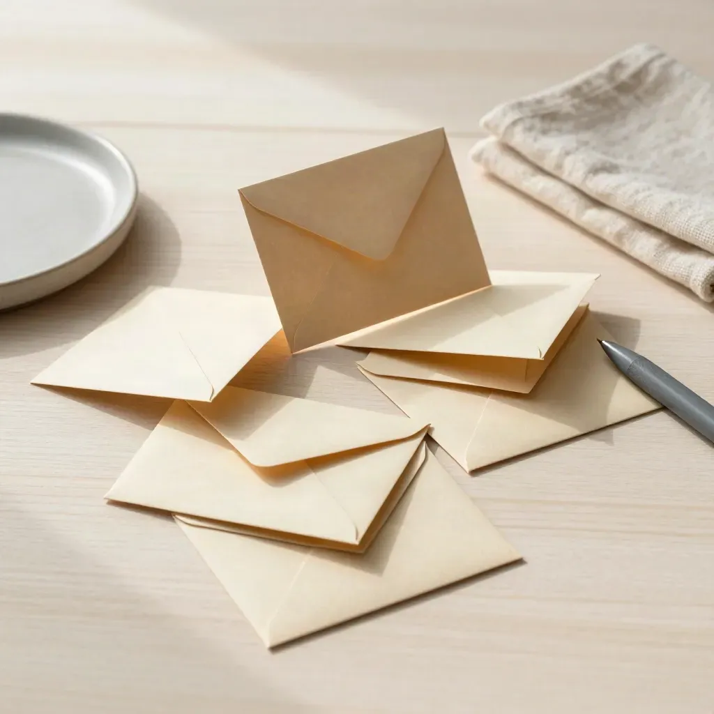 Three envelope-style cards, slim pen, tray and cloth on pale wood, styled for email sequences.