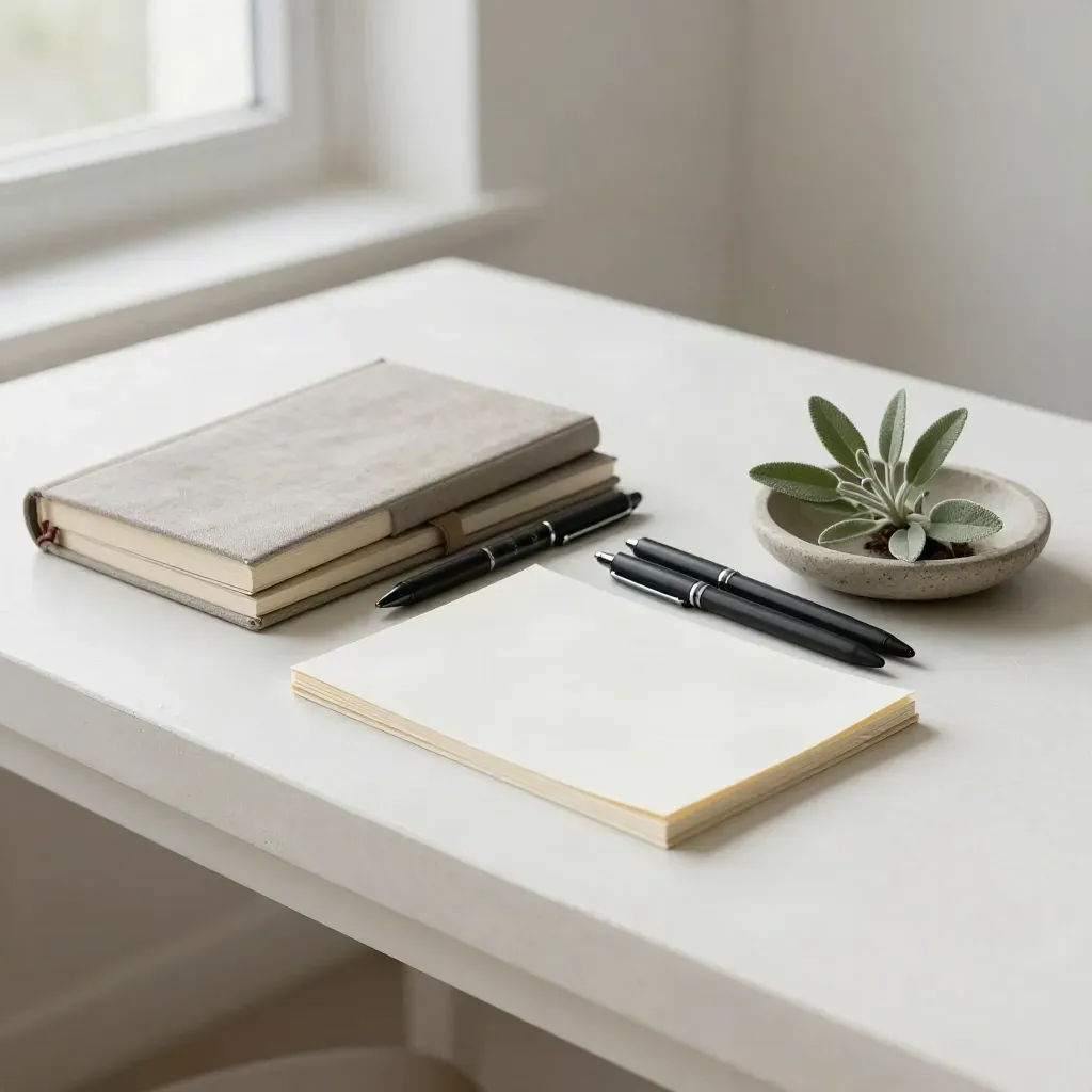 Notebooks, pens, clipped paper and a small plant on a plaster workstation.
