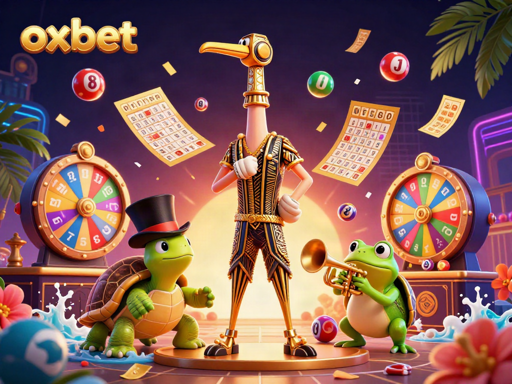 Engage in the vibrant world of Oxbet with a lively casino scene featuring unique characters and colorful elements.