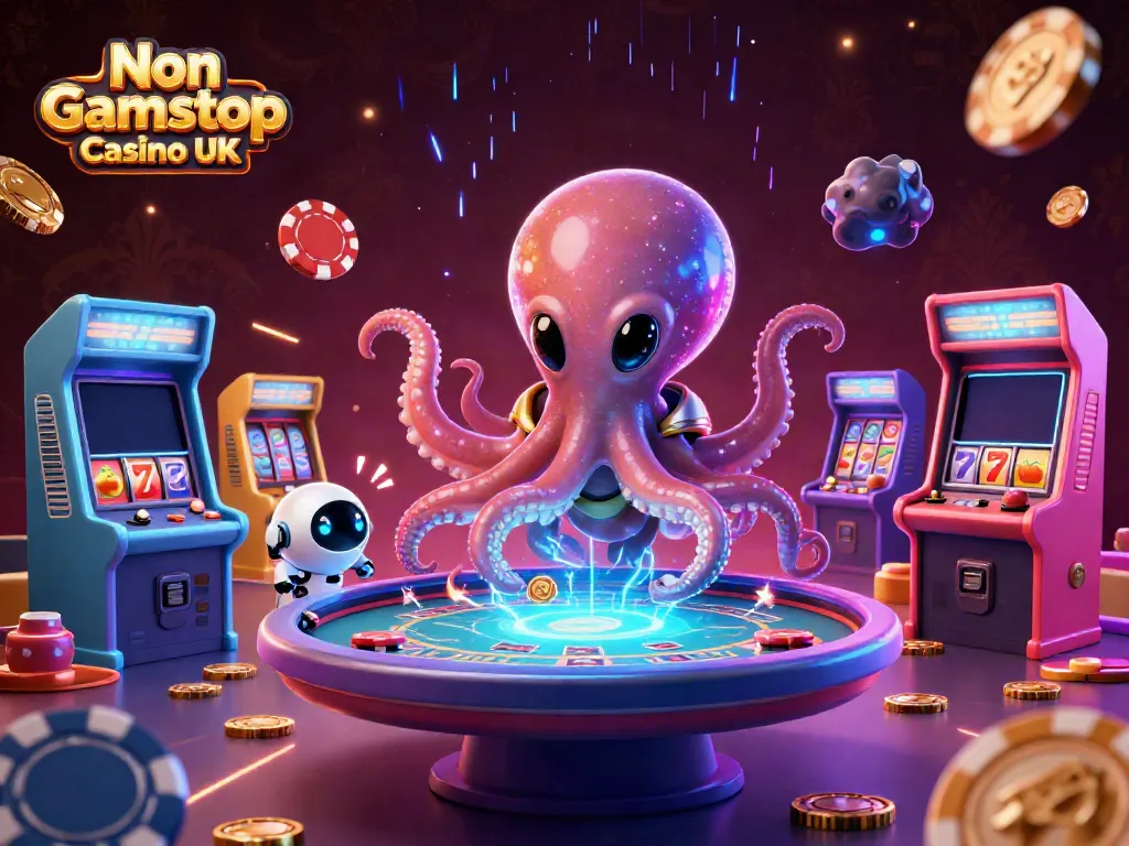 Engaging illustration of Non Gamstop Casino UK with an alien octopus at a poker table.