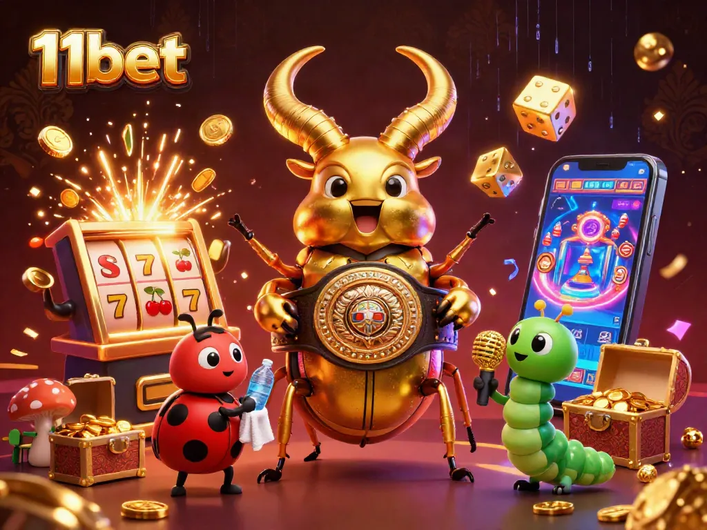 Experience the excitement of 11bet with a dynamic 3D illustration showcasing vibrant casino elements and characters.