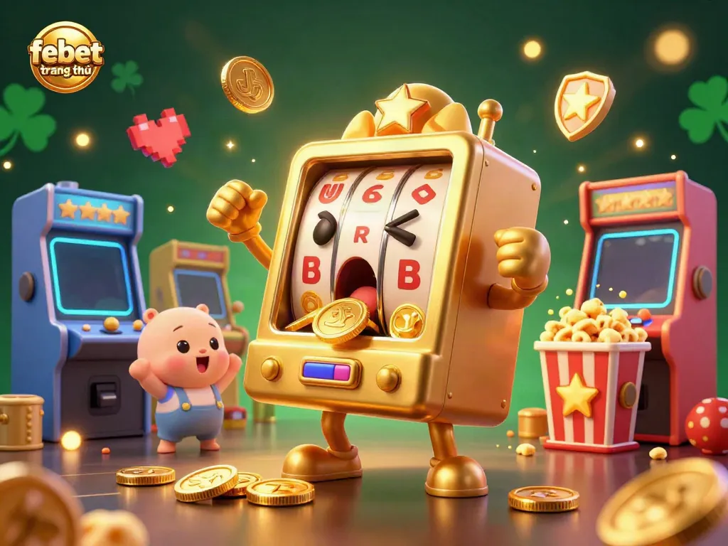 Experience febet trang chủ with a lively scene of slot machines celebrating a jackpot amidst colorful gaming elements.