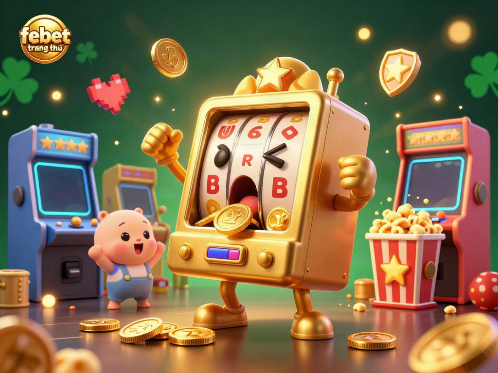 Experience febet trang chủ with a lively scene of slot machines celebrating a jackpot amidst colorful gaming elements.