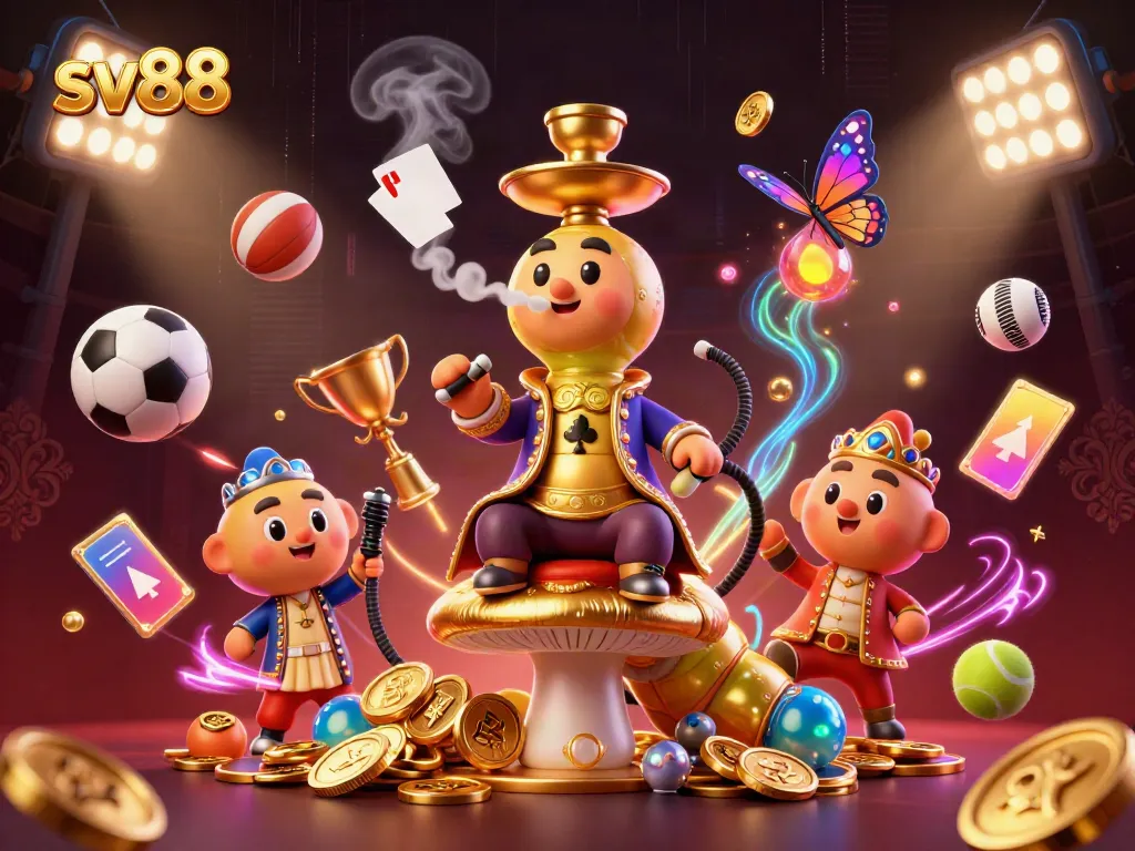 Experience thrilling casino action with sv88 at a vibrant 3D illustration of games, characters, and gold!