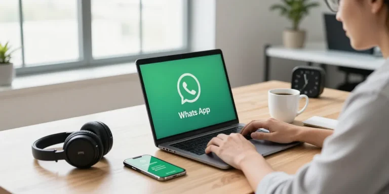 WhatsApp下載 on sleek laptop in modern office with smartphone notifications and coffee, highlighting productivity.