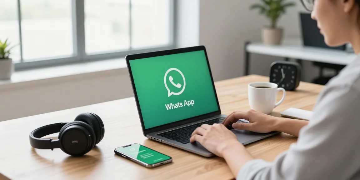 WhatsApp下載 on sleek laptop in modern office with smartphone notifications and coffee, highlighting productivity.