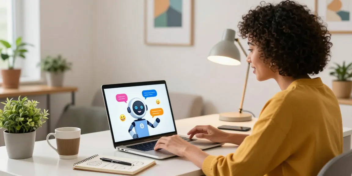 Engaging scene showcasing spicy chat AI in a cozy home office with a virtual chatbot conversation, vibrant colors, and personal decor.