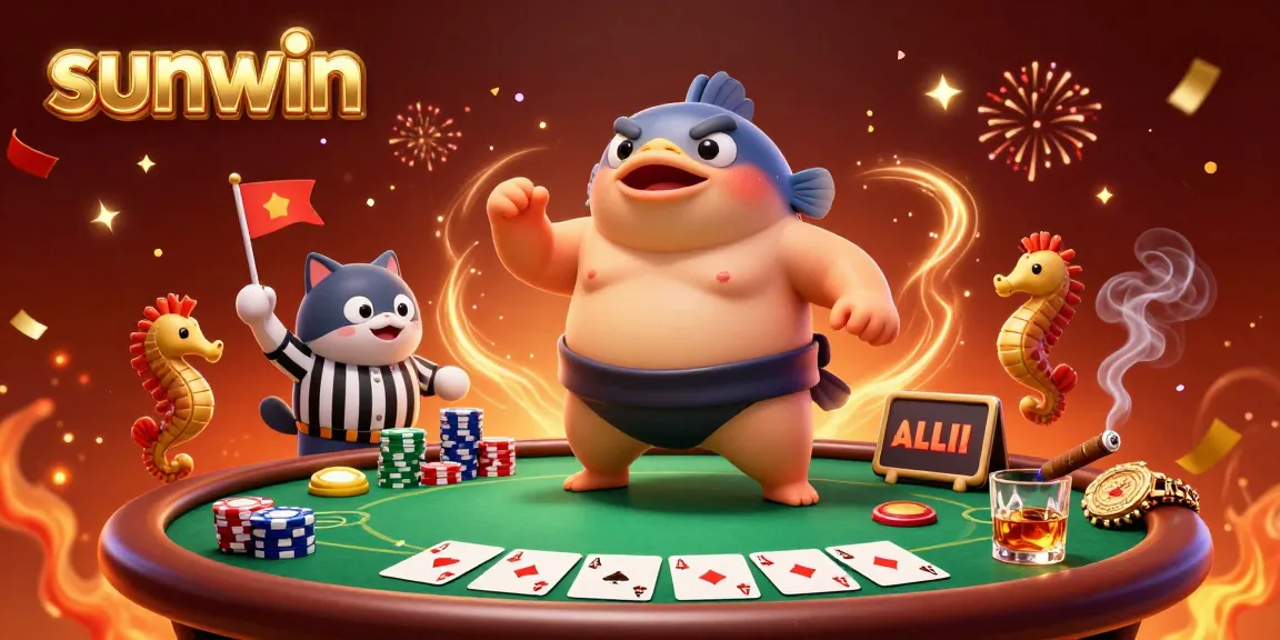 Experience thrilling casino action with sunwin's vibrant underwater poker scene featuring a fugu, referee, and excited spectators.