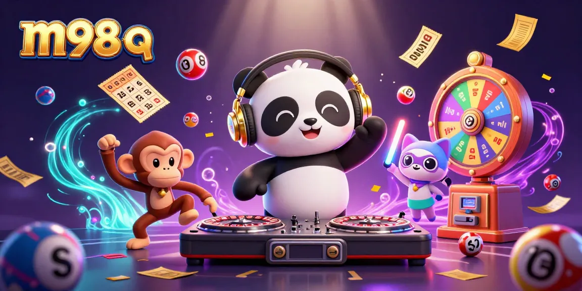 Enjoying m98 q with a colorful and dynamic casino scene featuring a DJ panda, dancing monkey, and rave kitten.