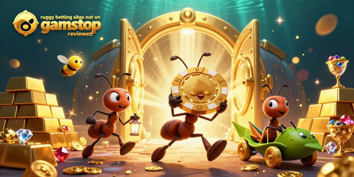Rugby betting sites not on gamstop reviewed featuring cartoon ants, a firefly, and a grasshopper with golden treasures.
