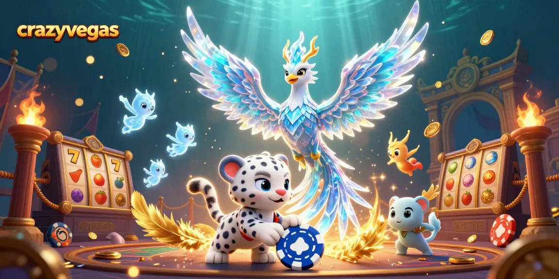 Experience the magic of crazyvegas with a captivating scene of an ice phoenix, poker chip, and vibrant casino elements.