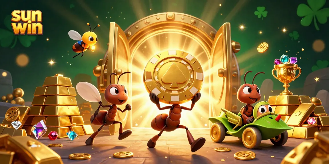 Engage in excitement at sun win casino with playful animated characters in a rich treasure setting.