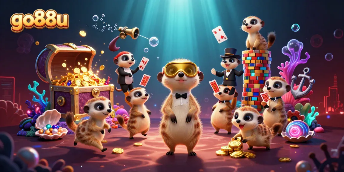 Experience the go88u casino with meerkats managing chips and cards amidst vibrant treasure.